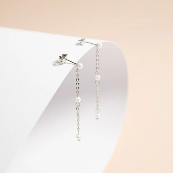 Silver Dainty Pearl Dangle Earrings - Nickel-Free, Tarnish-Free, Water-Resistant - Picture 3 of 3